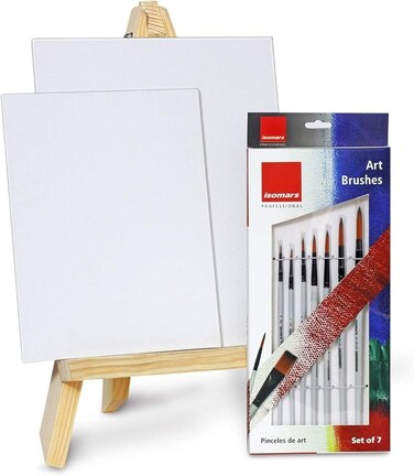 Isomars Artist Wooden Easel 18" with Round Brush Set of 7 &amp; Canvas Boards - 8"x10", 10"x12