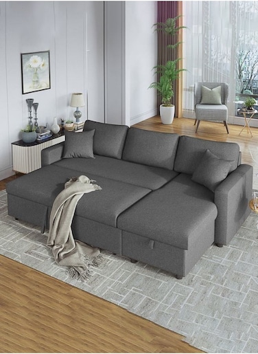 Galaxy Design Hunter 3 Seater Diwan Sofa Cum Bed With Cushions L-Shaped Storage Space   Convertible Living Room Furniture Grey 210X160X95 C