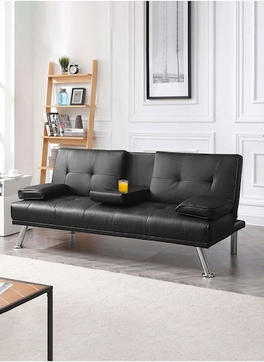 Galaxy Design Futon Sofa Bed, Faux Leather Lounge Couch for Living Room, Convertible Upholstered 3 Adjustable Positions Black 2 Seater 160x80x75