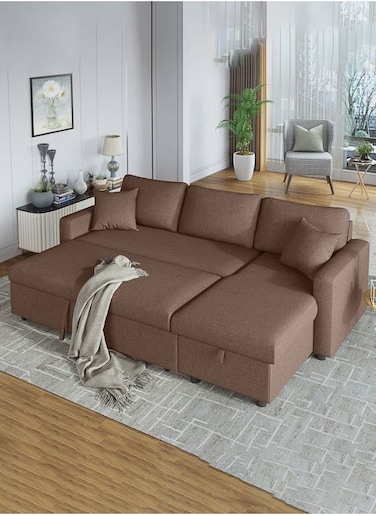 Galaxy Design Hunter 3 Seater Diwan Sofa Bed With Cushions L-Shaped Storage Space   Convertible Living Room Furniture &lrm;Brown 210X160X75 Cm