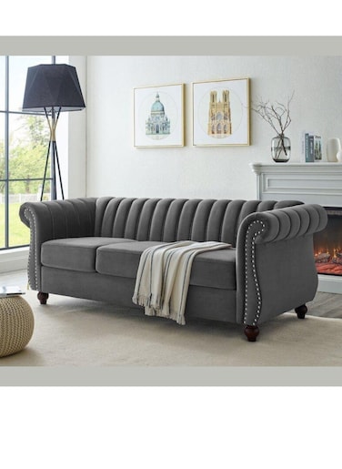 Galaxy Design Wooden Twist Designer Velvet Rolled Arm Chesterfield 3 Seater Sofa ( Maroon )