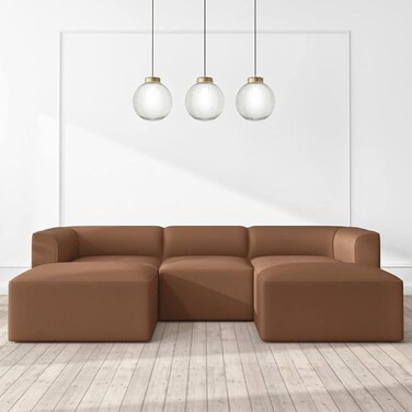 Galaxy Design  Aron Modular U-Shape Faux Leather 4 Seater Mid-Century Sofa with Natural Wood Frame and Comfortable Cloud Cushion couches for Living Room