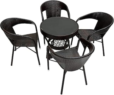 Galaxy Design 5-Pieces Patio Rattan Dinning Set Table with Wicker Glass Top Modern Coffee Table Waterproof Set Chairs for Home, Garden &amp; Lawn, Outdoor Indoor, Beach, Kitchen, Dining Room, Office KRT22