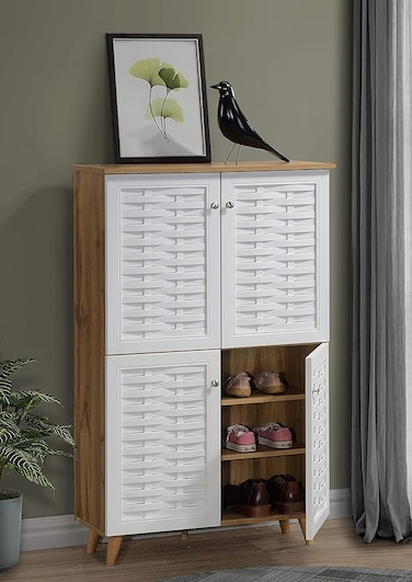 GALAXY DESIGN Plank Bei 4-Door Engineered Wood Shoe Rack with Wooden Legs (Walnut and White, Matte Finish)