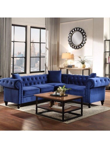 Galaxy Design Wooden Twist Chesterfield Luxurious Velvet Symmetrical Corner Sectional With Table And Cushions (Blue)