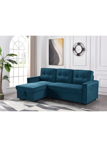 Galaxy Design 3 Seater Diwan Sofa Bed With Cushions L-Shaped Storage Space, Convertible Living Room Furniture Blue