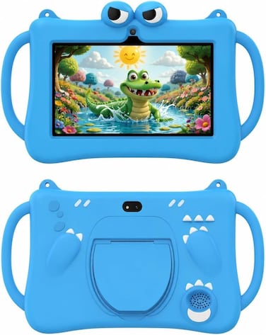 P604 7 Inch Android 13 Tablet, 6GB RAM, 256GB Storage, 1024&times;600 HD Display, 3000mAh Battery, 5G WiFi, Dual Camera, Protective Case with Handle &ndash; Blue