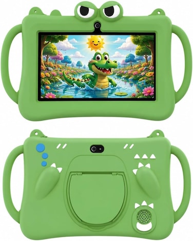 P604 7 Inch Android 13 Tablet, 6GB RAM, 256GB Storage, 1024&times;600 HD Display, 3000mAh Battery, 5G WiFi, Dual Camera, Protective Case with Handle &ndash; Green