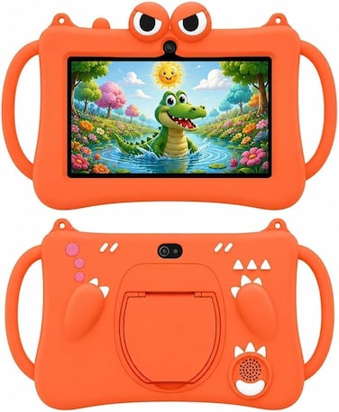 P604 7 Inch Android 13 Tablet, 6GB RAM, 256GB Storage, 1024&times;600 HD Display, 3000mAh Battery, 5G WiFi, Dual Camera, Protective Case with Handle, Orange.