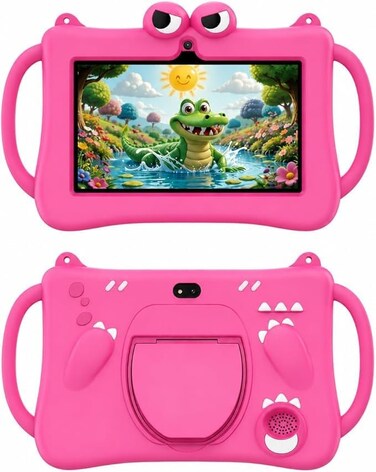 P604 7 Inch Android 13 Tablet, 6GB RAM, 256GB Storage, 1024&times;600 HD Display, 3000mAh Battery, 5G WiFi, Dual Camera, Protective Case with Handle. (Pink)