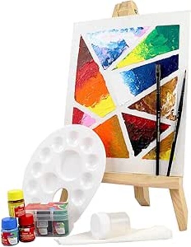 Isomars Artist Coloring Kit with 18" Wooden Easel, Canvas, Six CANVAA Poster Colours, Small Palette, Round and Flat Brushes Kit