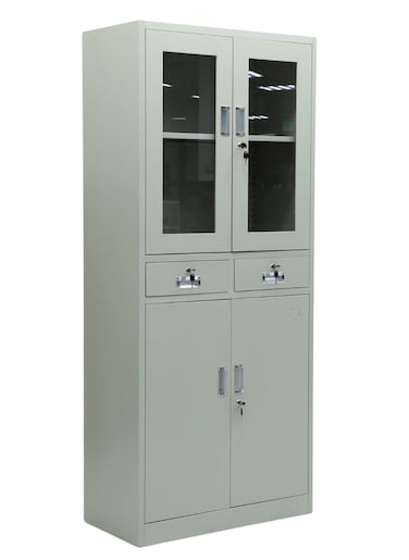 Galaxy Design Modern 4 Doors Upper Glass,Two Lockable Center Drawers and Two Lower Doors Steel wardrobe, Cabinet For Living Room, Kitchen,Office, and School Color Grey FC-20