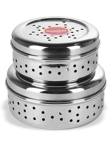 Stainless Steel Hole Puri Dabbas/Flat Canisters &acirc;&euro;&ldquo; Air Ventilation Holes, Rust-Resistant, Dishwasher Safe for Storing Vegetables &amp; Fruits Fresh