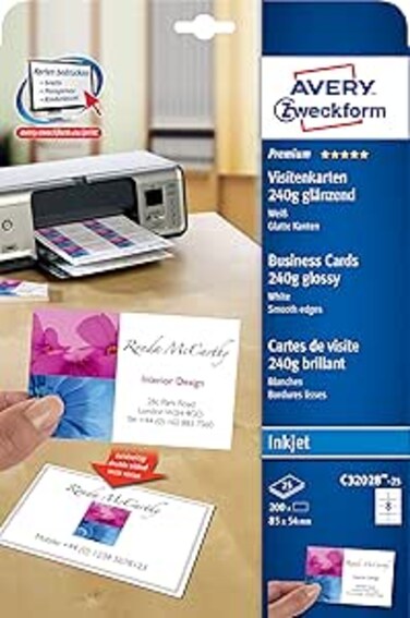 Avery Zweckform C32028-25 Premium Business Card Special Inkjet Coating on Both Sides Gloss Finish 85 x 54 mm 240g/sqm / 25 Sheets / 200 Items