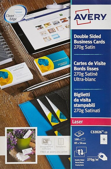 Avery C32026-10 Double Side Printable Business Cards With Satin Finish, 270 Gsm For Laser Printers (85 X 54Mm Cards, 10 Cards Per A4 Sheet, 10 Sheets Per Pack) - Bright White