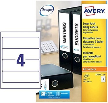 Avery L7171-100 Self-Adhesive Lever Arch File Labels, 4 Labels Per A4 Sheet, 100 Labels Per Pack, White