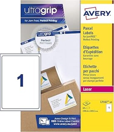 Avery L7167 Self Adhesive Parcel Shipping Labels, Laser Printers, 1 Label Per A4 Sheet, 40 Labels, UltraGrip, White