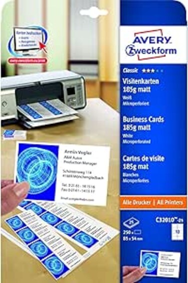 Avery Zweckform purpose form C32010-25 Classic business cards (250 pieces, 85 x 54 mm, double-sided printable, matt) 25 sheets