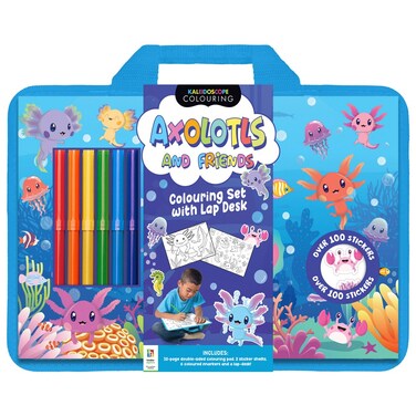 Hinkler Axolotls and Friends Colouring Set with Lap Desk &ndash; Fun Colouring Kit, Includes High-Quality Markers, Double Sided Colouring Pad,