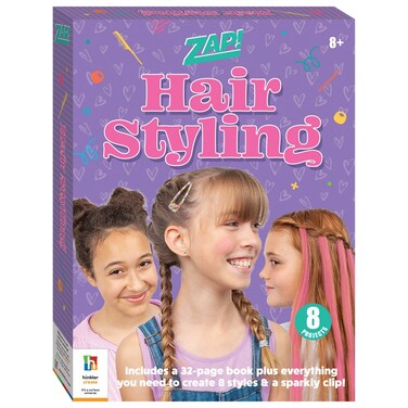 Hinkler Zap! Hair Styling Kit - DIY Hair Styling Set for Kids includes a tail comb, 2 sticks of hair chalk, hair clip, braiding tool, 160 stick-on hair-clip gems,