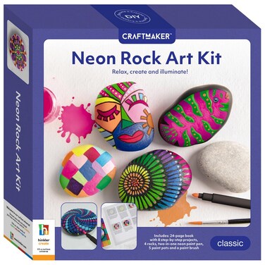 Hinkler Craft Maker Neon Rock Art Kit - DIY Rock Painting Set includes 24-page book, 4 rocks, paintbrush, double-ended neon paint pen, paint pots,