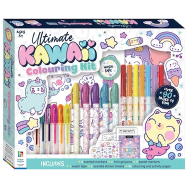 Hinkler Ultimate Kawaii Colouring Kit - DIY Colouring Set for Kids includes 5 pastel markers, 6 mini gel pens, 8 scented markers, washi tape, two sticker sheets and a 96-page colouring book,