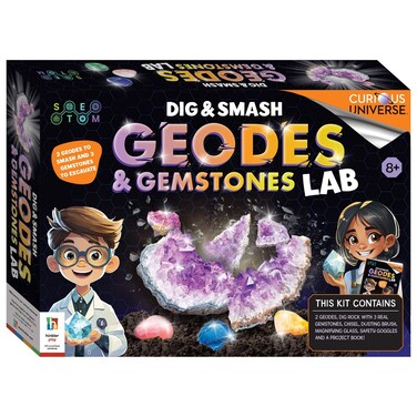 Hinkler Curious Universe Dig &amp; Smash Geodes Kit - DIY Geode Discovery Set includes safety goggles, 2 geodes, dig block filled with 3 gemstones, chisel