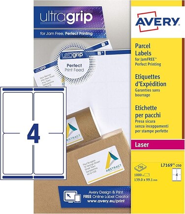 Avery L7169 Self Adhesive Parcel Shipping Labels, Laser Printers, 4 Labels Per A4 Sheet, 1000 Labels, UltraGrip, White