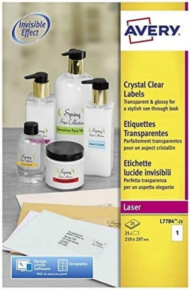 Avery L7784-25 Self-Adhesive Crystal Clear Transparent Labels, 1 Label Per A4 Sheet