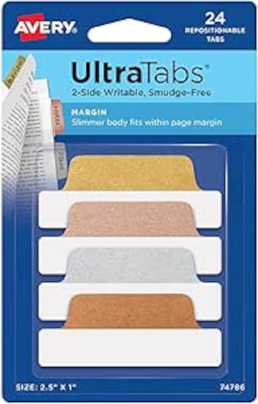 Avery Margin Ultra Tabs, 2.5" x 1", 2-Side Writable, Assorted Metallic, 24 Repositionable Page Tabs (74786)