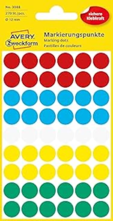 Avery Zweckform 3088 Coding dots (270 Pieces, Diameter: 12 mm),5 Sheets, Assorted Colours