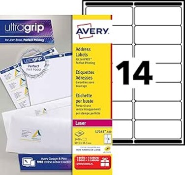 Avery Self Adhesive Address Mailing Labels, Laser Printers, 14 Labels Per A4 Sheet, 1600 Labels, Ultragrip (L7163-100 ), White