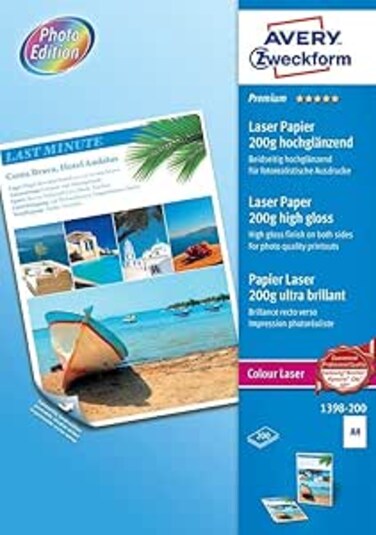 Avery Zweckform 1398-200 Premium colour laser paper High- GlossA4 200g 200 Sheets for Laser Printers