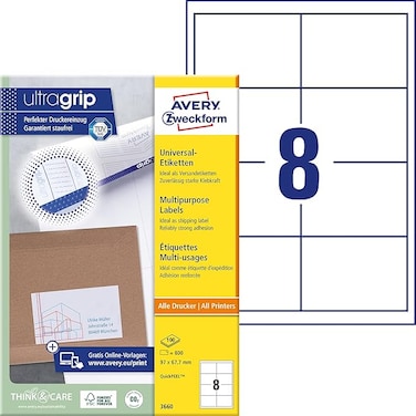 AVERY Zweckform 3660 Universal Etiketten (800 Klebeetiketten, 97x67,7mm auf A4, Papier matt, bedruckbare Versandetiketten, selbstklebende Versandaufkleber mit ultragrip) 100 Blatt, wei&szlig;