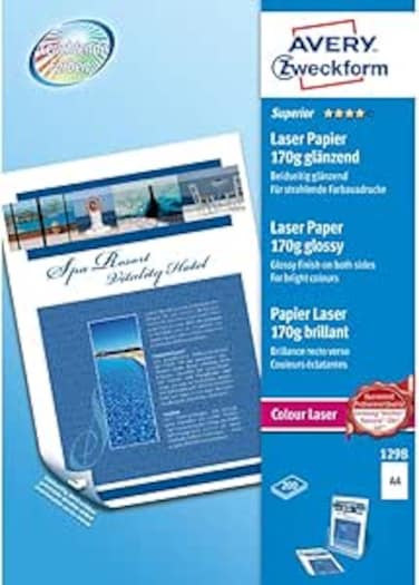 AVERY Zweckform 1298 Superior Colour Laser Papier (200 Blatt, 170 g/m&sup2;, DIN A4 Papier, beidseitig beschichtet, gl&auml;nzend, wei&szlig;, FSC, f&uuml;r Fotodrucke mit Farblaserdrucker) 1 Pack