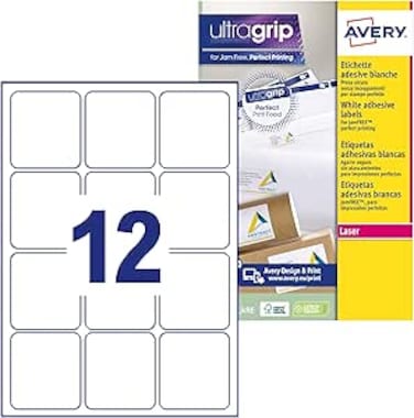 Avery Self Adhesive Address Mailing Labels, Laser Printers, 12 Labels Per A4 Sheet, 1200 Labels, UltraGrip (L7164), White, 100 Sheets