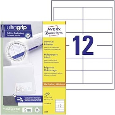 AVERY Zweckform 3659 Adressaufkleber (1.200 Klebeetiketten, 97x42,3mm auf A4, Papier matt, bedruckbare Absenderetiketten, selbstklebende Adressetiketten mit ultragrip) 100 Blatt, wei&szlig;