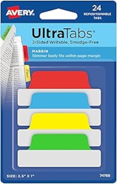 Avery Ultra Tabs, 2.5&quot; x 1&quot;, 2-Side Writable, Red/Yellow/Green, 24 Repositionable Margin Tabs (74768)