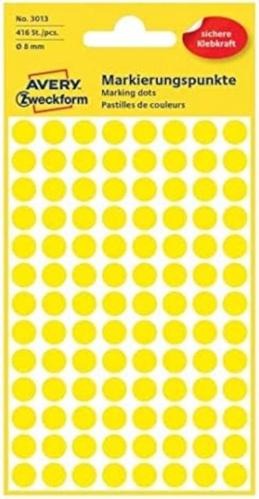 Avery Zweckform 3013 Color coding dot permanent stickers &Oslash; 8 mm, Set of 416, Yellow