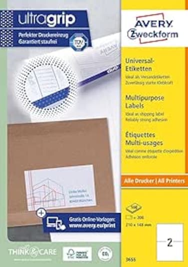 AVERY Zweckform 3655 Universal Etiketten (200 Klebeetiketten, 210x148mm auf A4, bedruckbare Versandetiketten, selbstklebende Versandaufkleber mit ultragrip, DHL) 100 Blatt, wei&szlig;