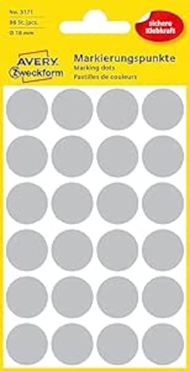 AVERY Zweckform 3171 Self-Adhesive Marking Dots (Diameter 18 mm, 96 Adhesive Dots on 4 Sheets, Round Stickers for Calendar, Planner and Crafts, Paper, Matte) Grey