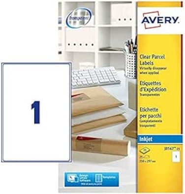 Avery Self Adhesive Clear Parcel Address Labels, Inkjet Printers, 1 Label per A4 Sheet, 25 Labels, QuickDRY (J8567)