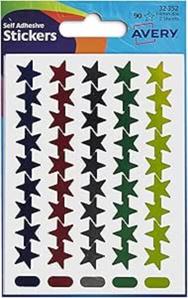 Avery 32-352 Star Stickers in Packet (14 mm Dia, Pack of 90) - Assorted Colours