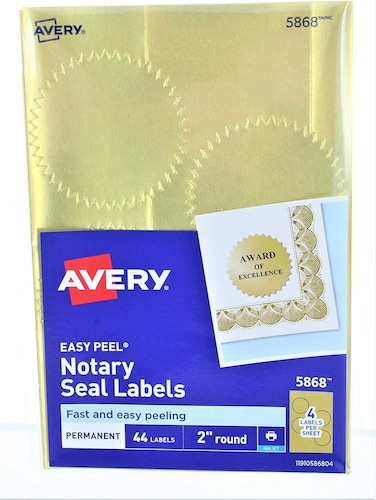Avery&reg; 39000104 Print or Write Gold Foil Notarial Seals SEAL,2"DIA GD,44/PK