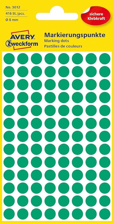 AVERY Zweckform 3012 Self-Adhesive Marking Dots 416 Pieces (&Oslash;8mm, Adhesive Dots On 4 Sheets, Dot Stickers For Color Coding, Round Stickers For Calendars, Planners And Crafts, Paper) Green