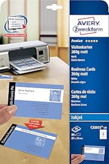 Avery Zweckform C32015-10 Business Cards White Matt Special Coating Smooth Edges with Quick&amp;Clean Technology 200 g for Inkjet 10 Sheets