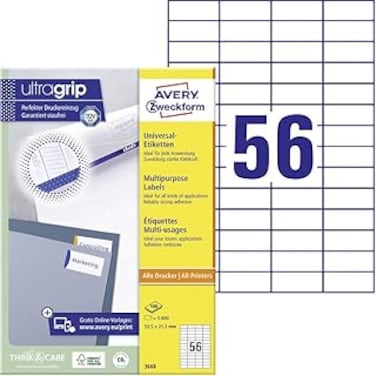 Avery Zweckform Universal-Etiketten Etikett 52,5x21,2mm InkjetLaserCopy A4 100BLATT 5600ST Weiss