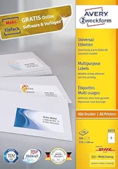 Avery Zweckform 3655 Universal Labels 210 x 148 mm 100 Sheets White suitable for all printers