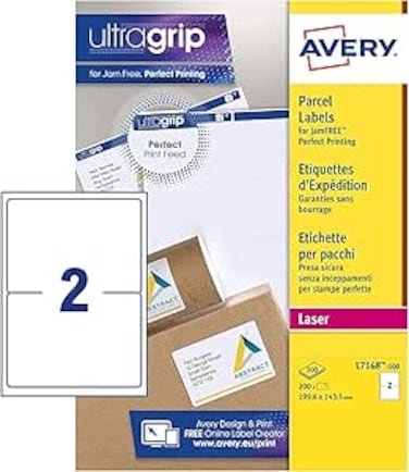 Avery L7168 Self Adhesive Parcel Shipping Labels, Laser Printers, 2 Labels Per A4 Sheet, 200 Labels, UltraGrip