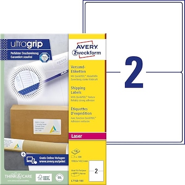 Avery Zweckform L7168-100 Packaging Labels for Packets and Parcels 199.6 x 143.5 mm 100 Sheets